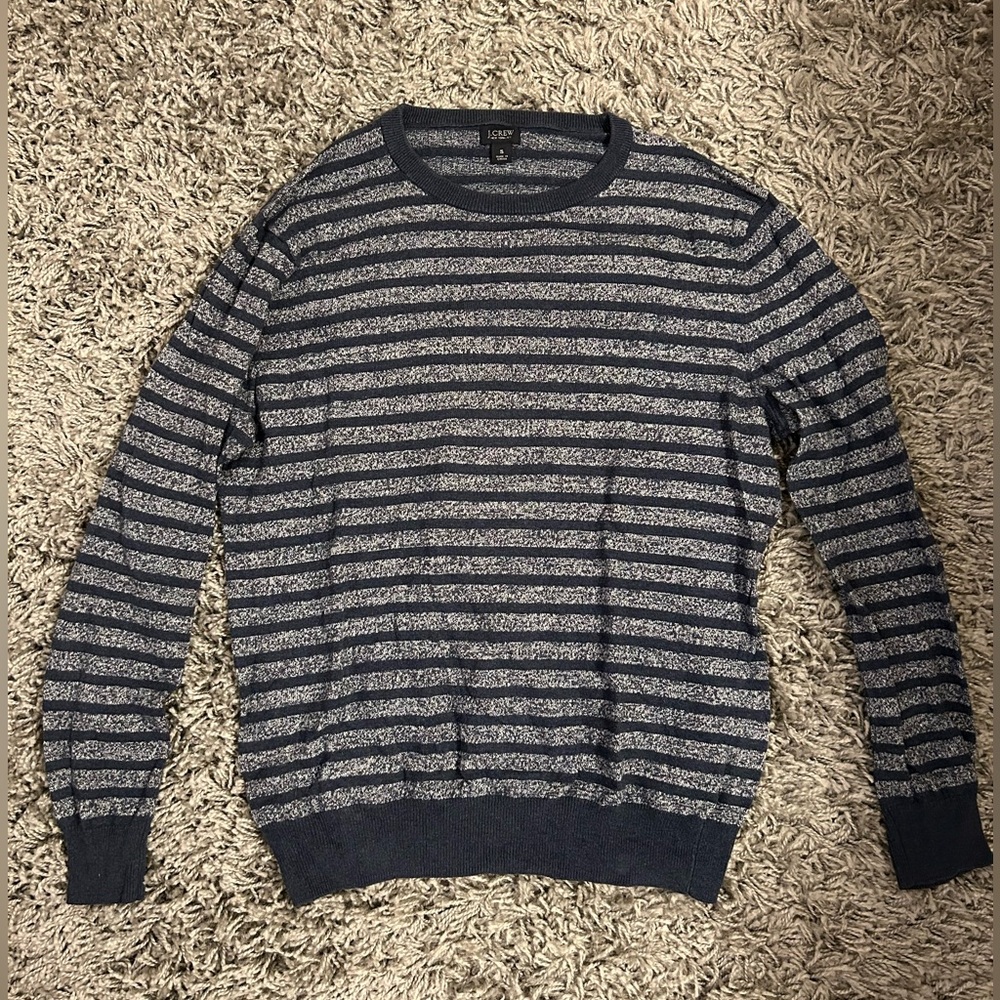 J. Crew Men's Blue and Gray Striped Crewneck Sweater